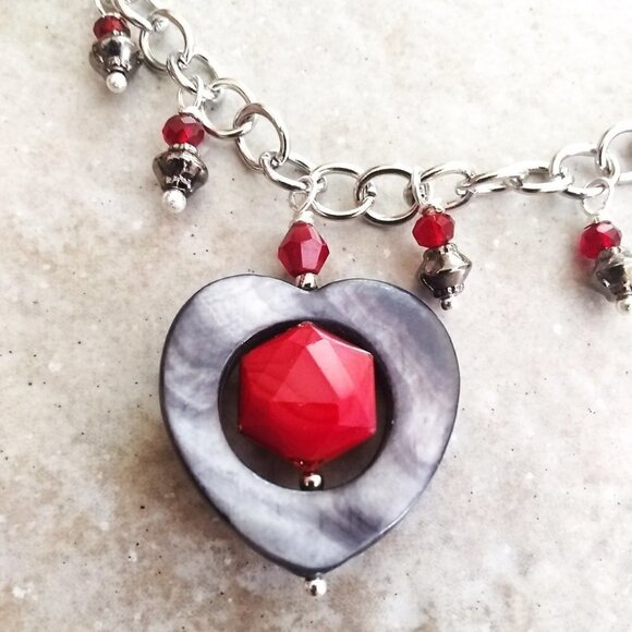 Gray Shell Heart & Red Crystals! Sexy Goth Mistress Witchy Statement Necklace - Picture 5 of 11